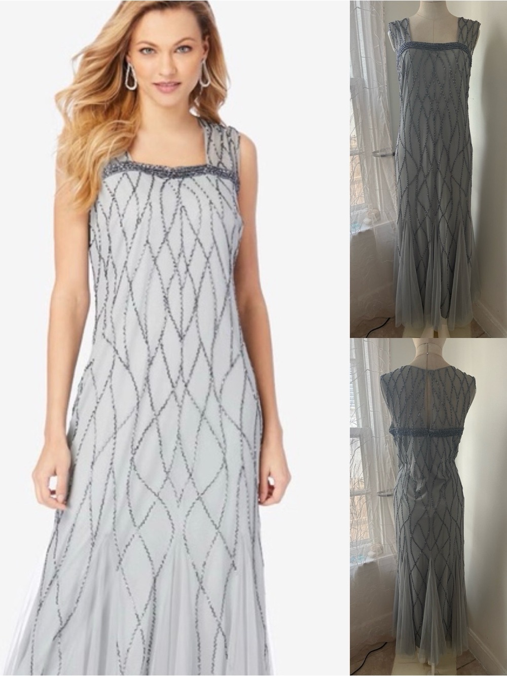 Beaded Sleeveless Evening Dress in Light Gray